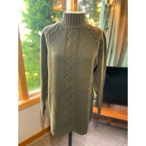 Vtg Women's Lands End Lambswool Mock Neck Cable Knit Olive Green Tunic Sweater M